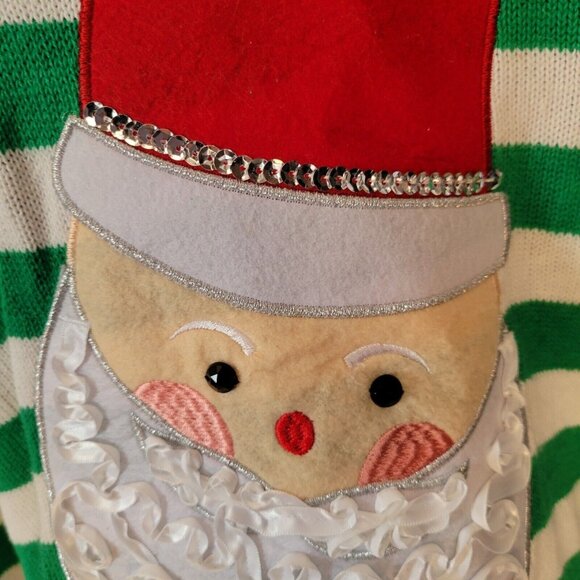 Ugly Christmas Sweater Cute Santa Women Size Large Green & White Striped - Picture 2 of 5